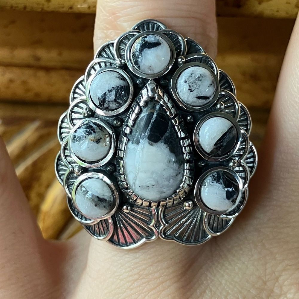 Natural White Buffalo Artistic Cocktail Ring Size 7